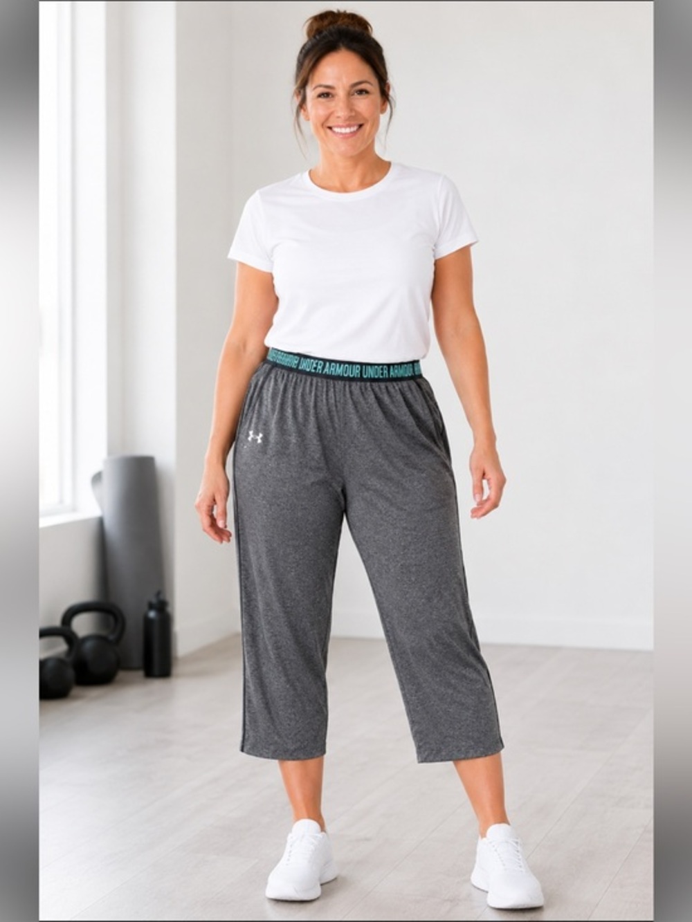 Under Armour HeatGear Capri Pants XL Gray Teal Logo Waistband Loose Fit